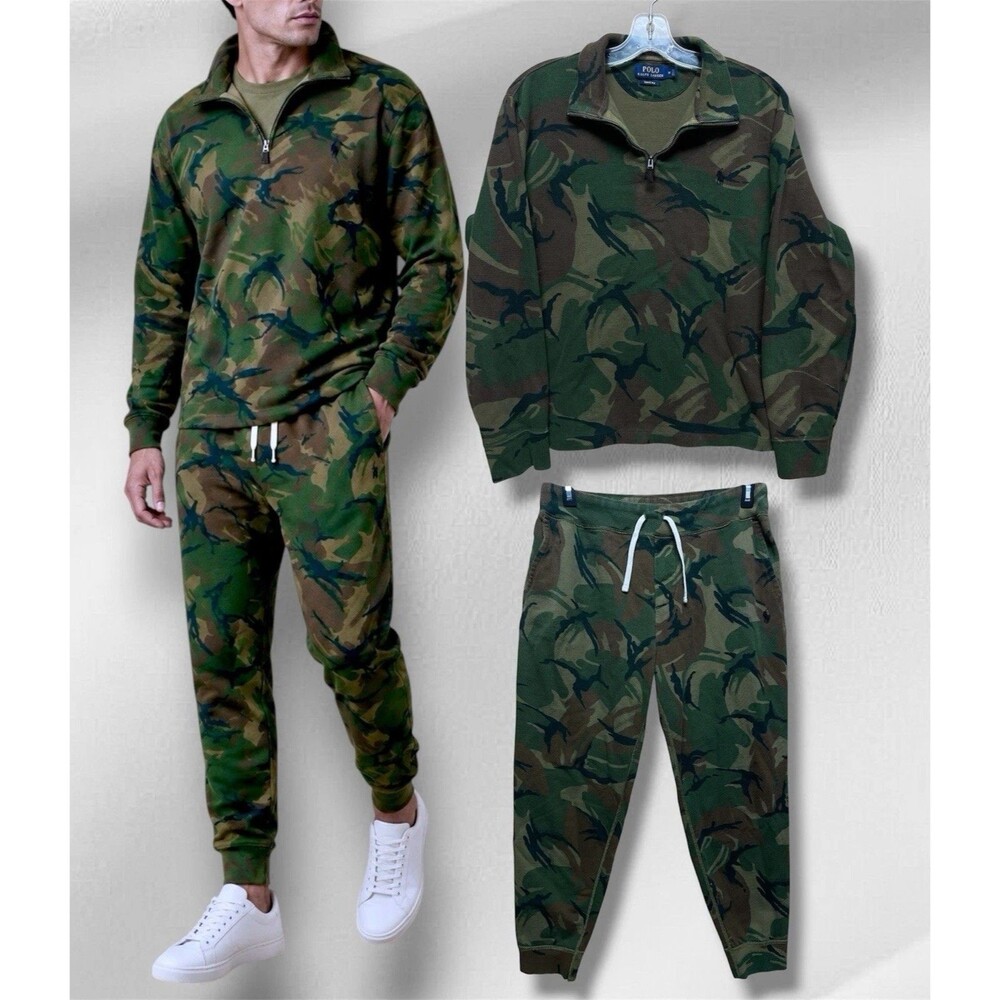 Polo Ralph Lauren Camo Tracksuit Set Mens M Quarter Zip Sweatshirt Joggers Sz L